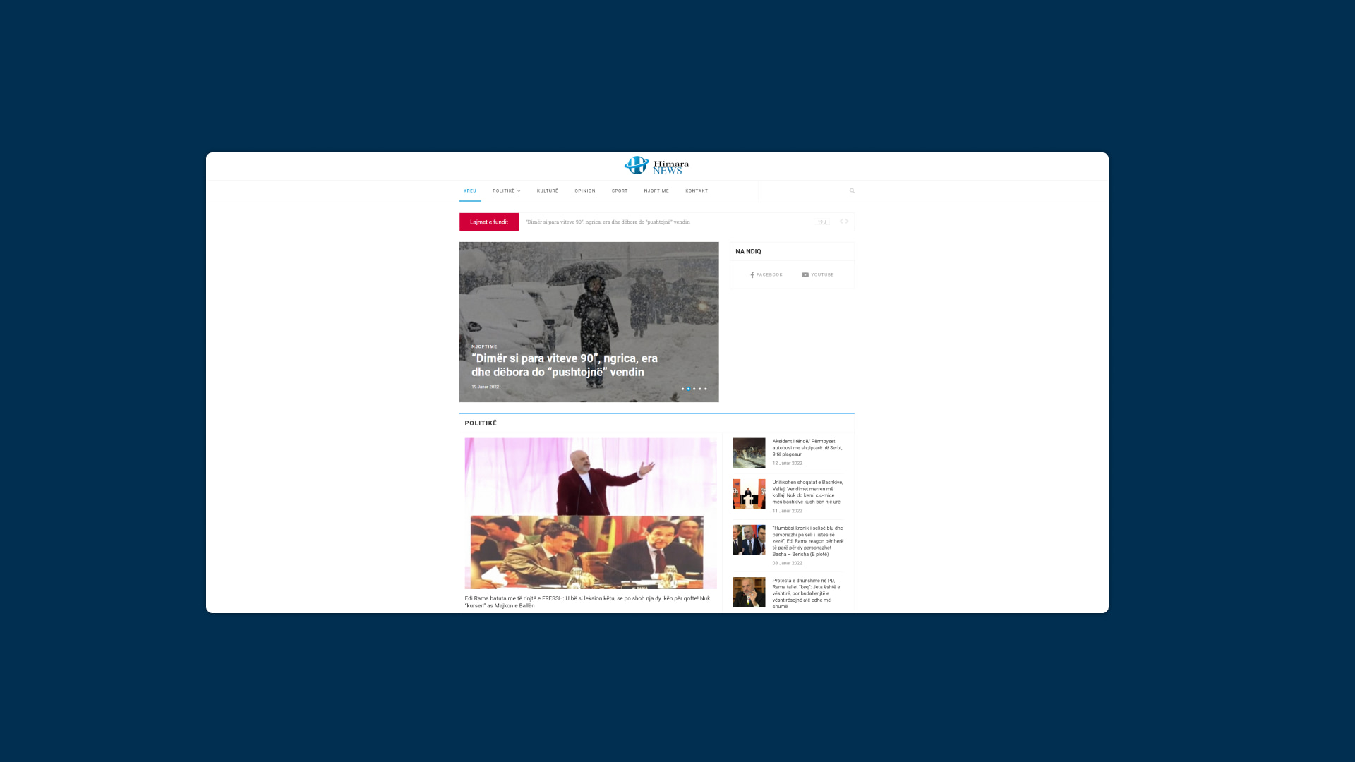 The Himara News portal front page, with its latest-news strip, featured story carousel and politics section.