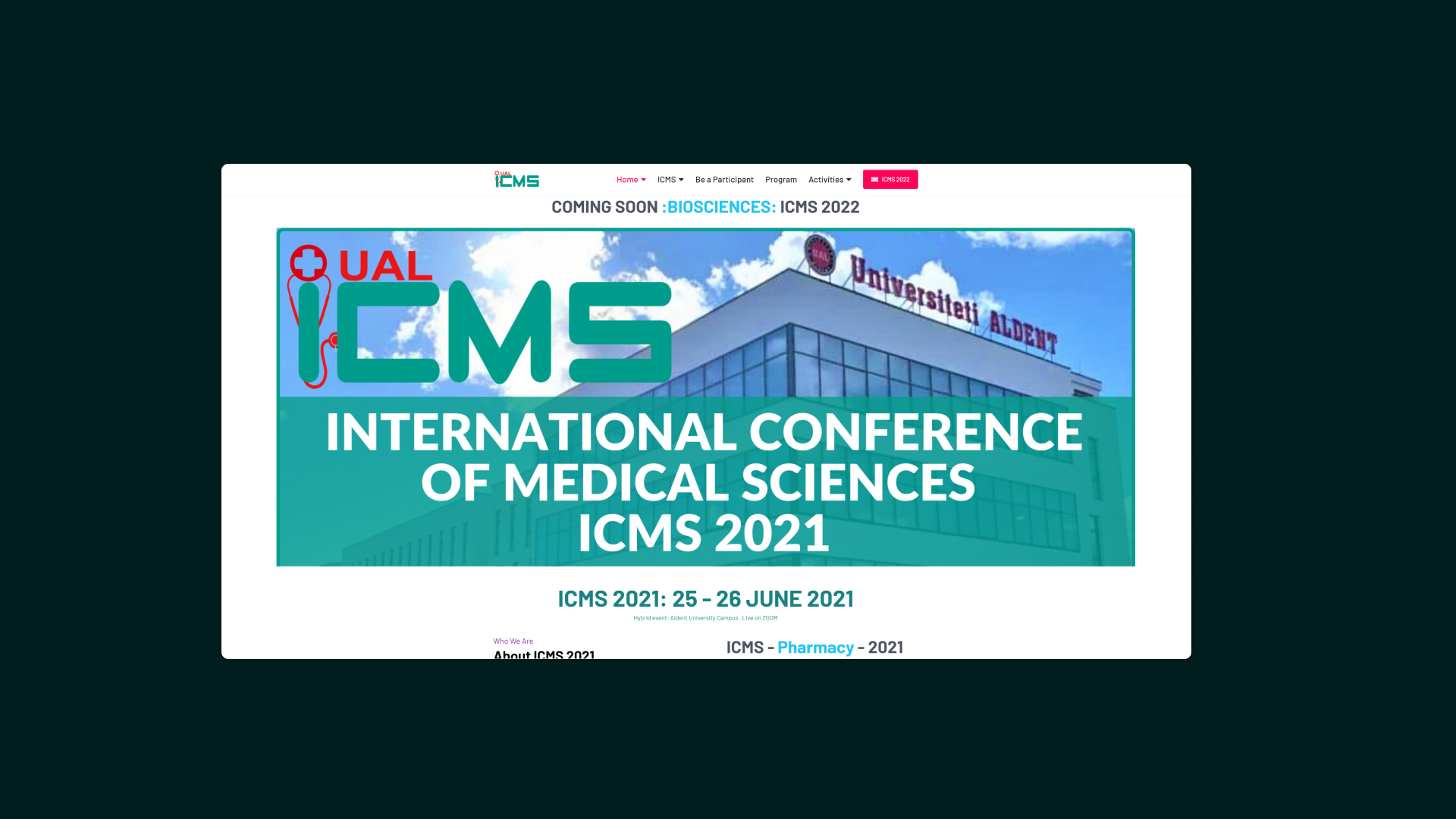 The ICMS conference site for Aldent University Tirana, showing the 2021 edition with its programme and registration routes.