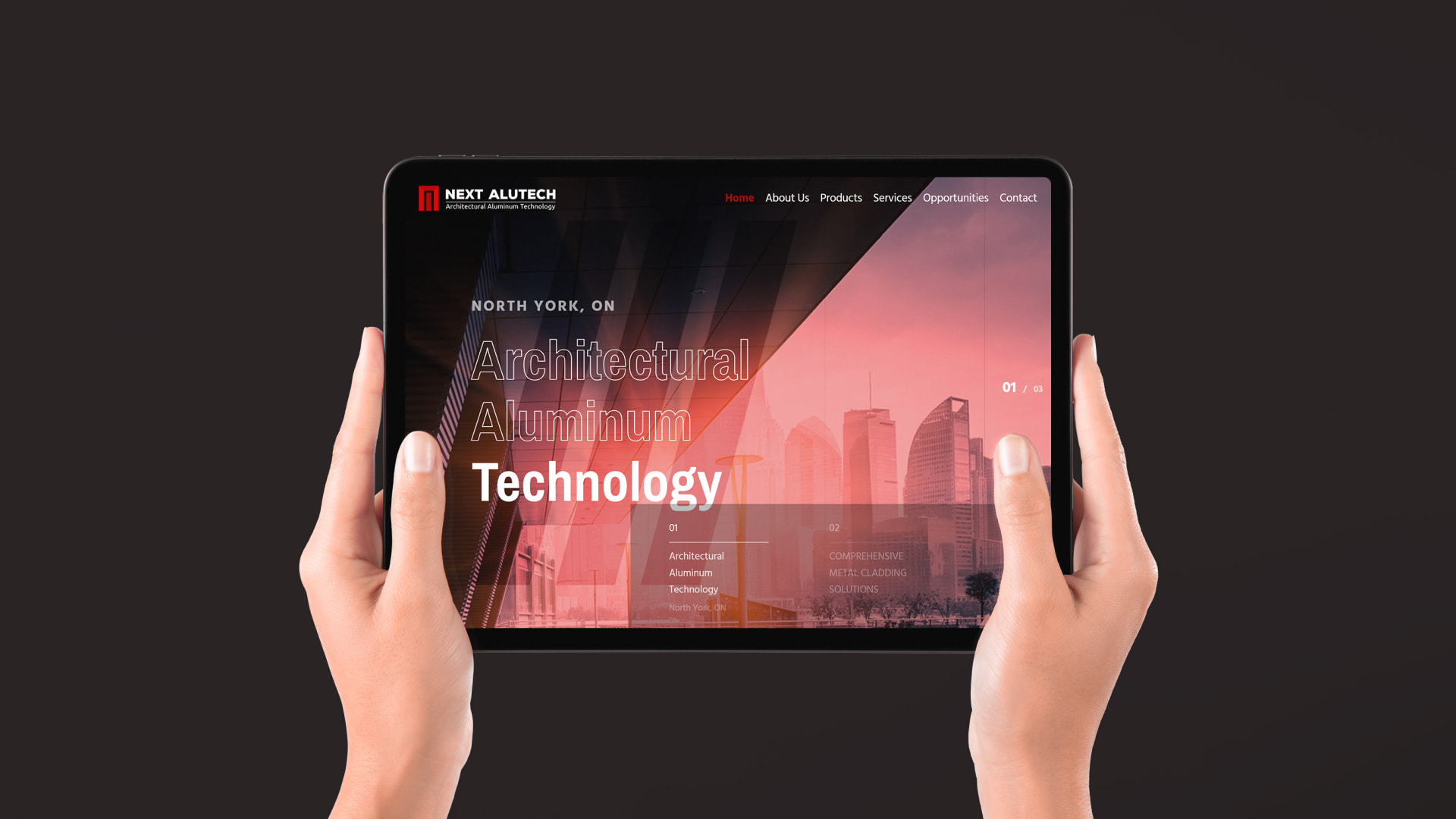 The Next Alutech website, presenting architectural aluminium cladding, panels and custom metal trims.