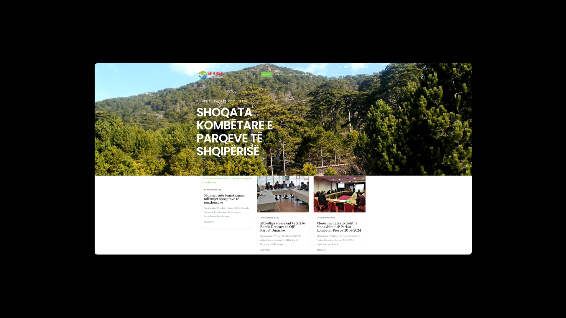 The SHKPSH website for the National Association of Parks of Albania, showing its national parks, projects and activities.