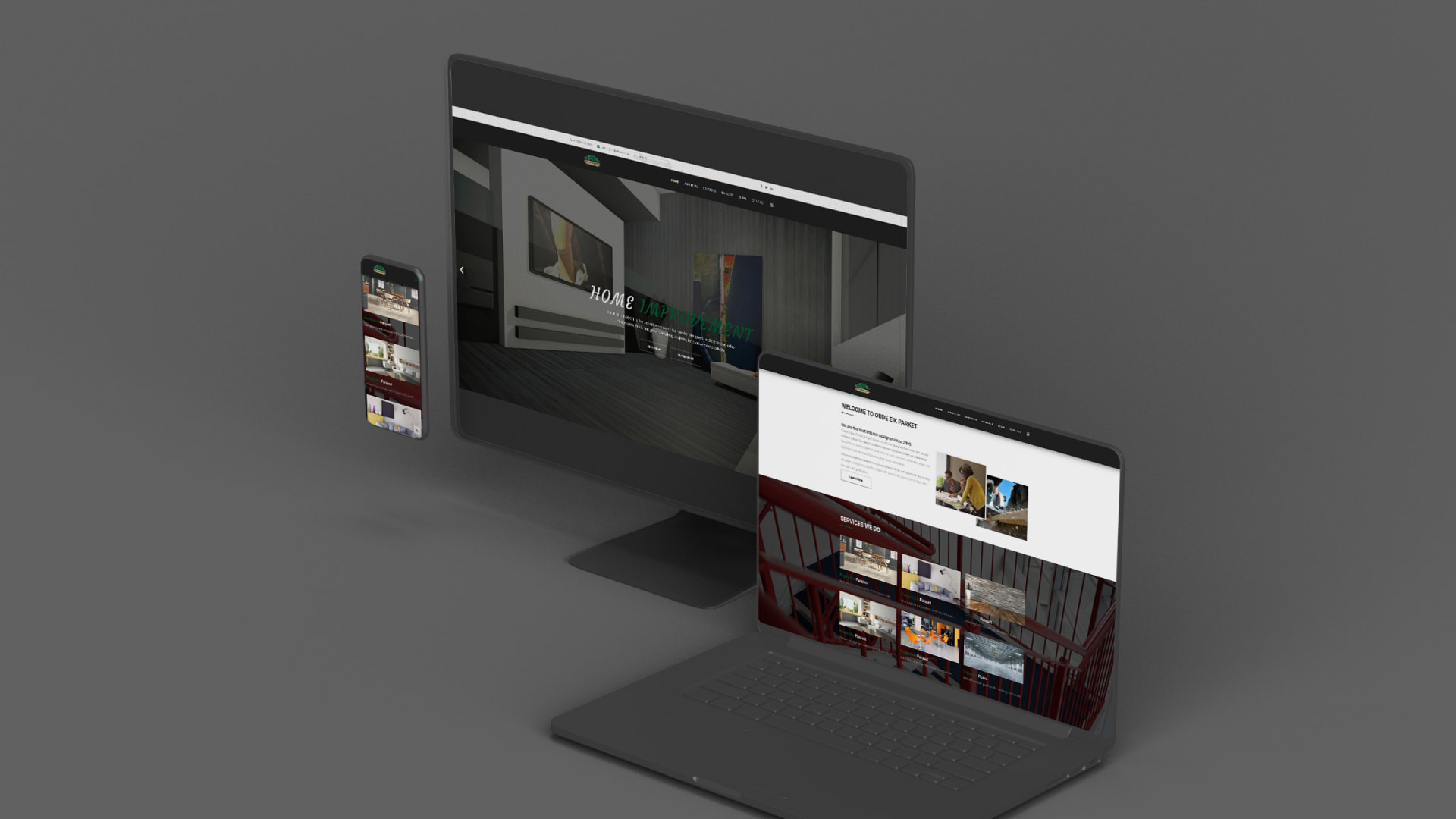The Oude Eik Parket website, presenting peel-and-stick and snap-lock flooring for high-traffic spaces.