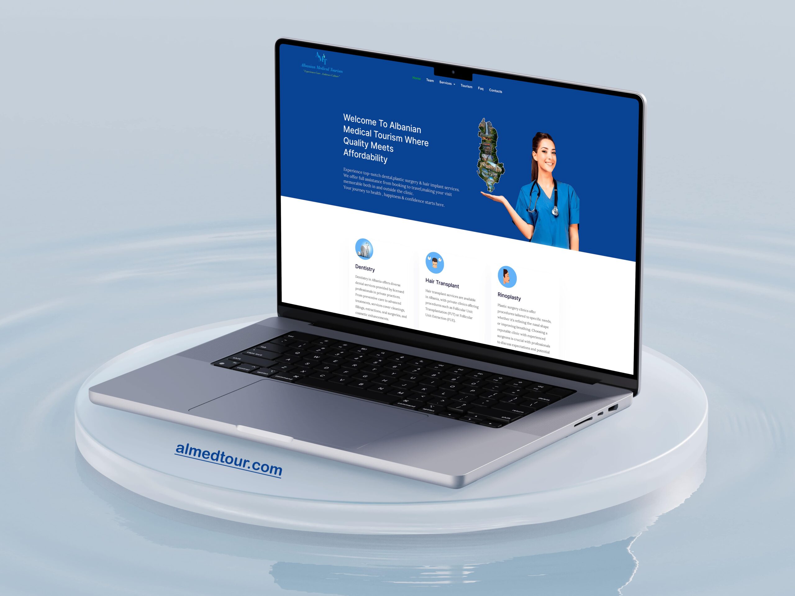 The Almedtour website, presenting dental, plastic surgery and hair implant medical tourism packages.