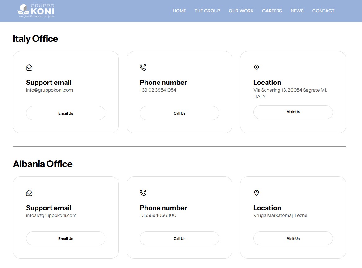 Faqja e kontaktit: dy blloqe kartash, Italy Office dhe Albania Office, secila me email, numër telefoni dhe adresë.